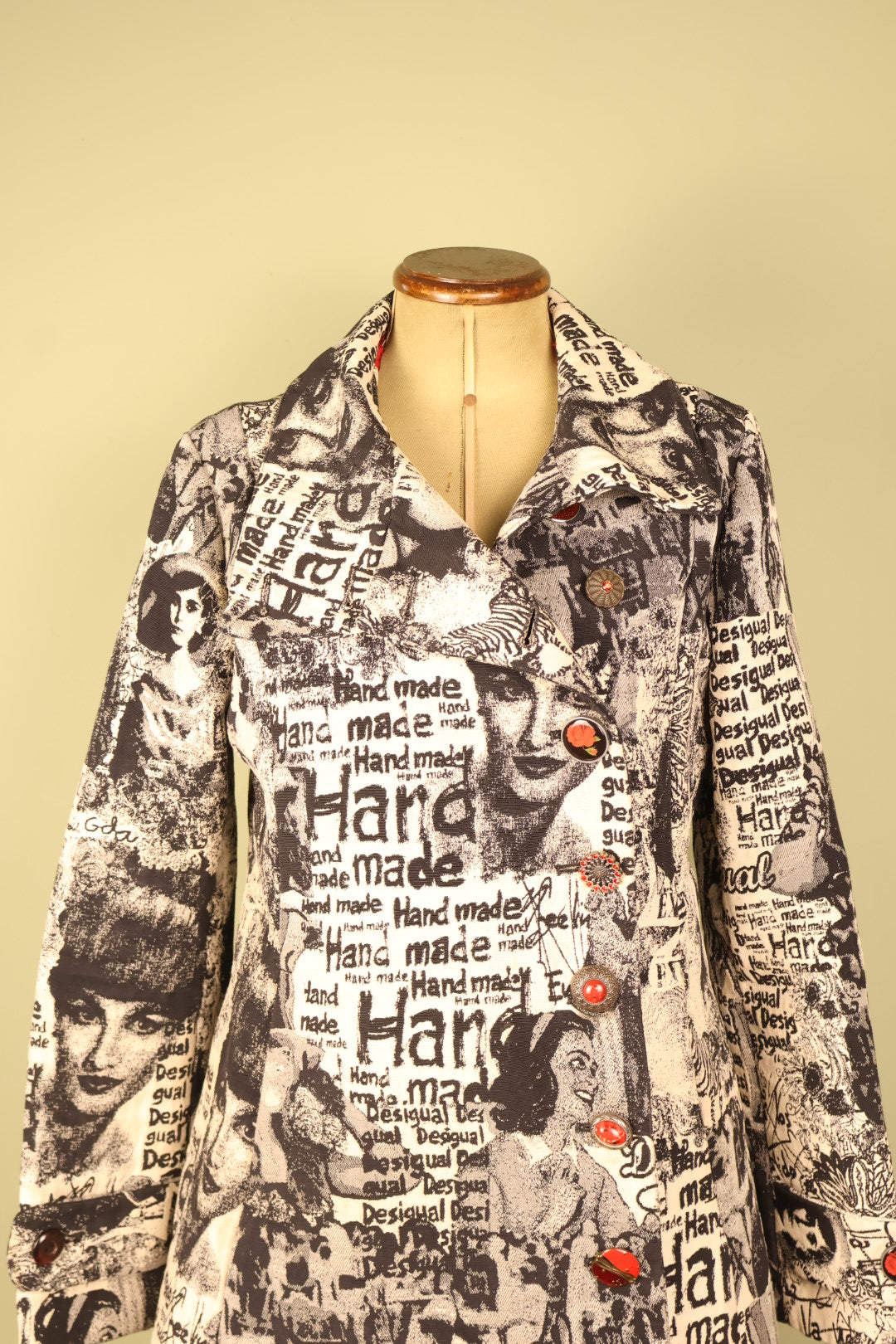 Desigual Vintage Newspaper Print Design Button Up Coat