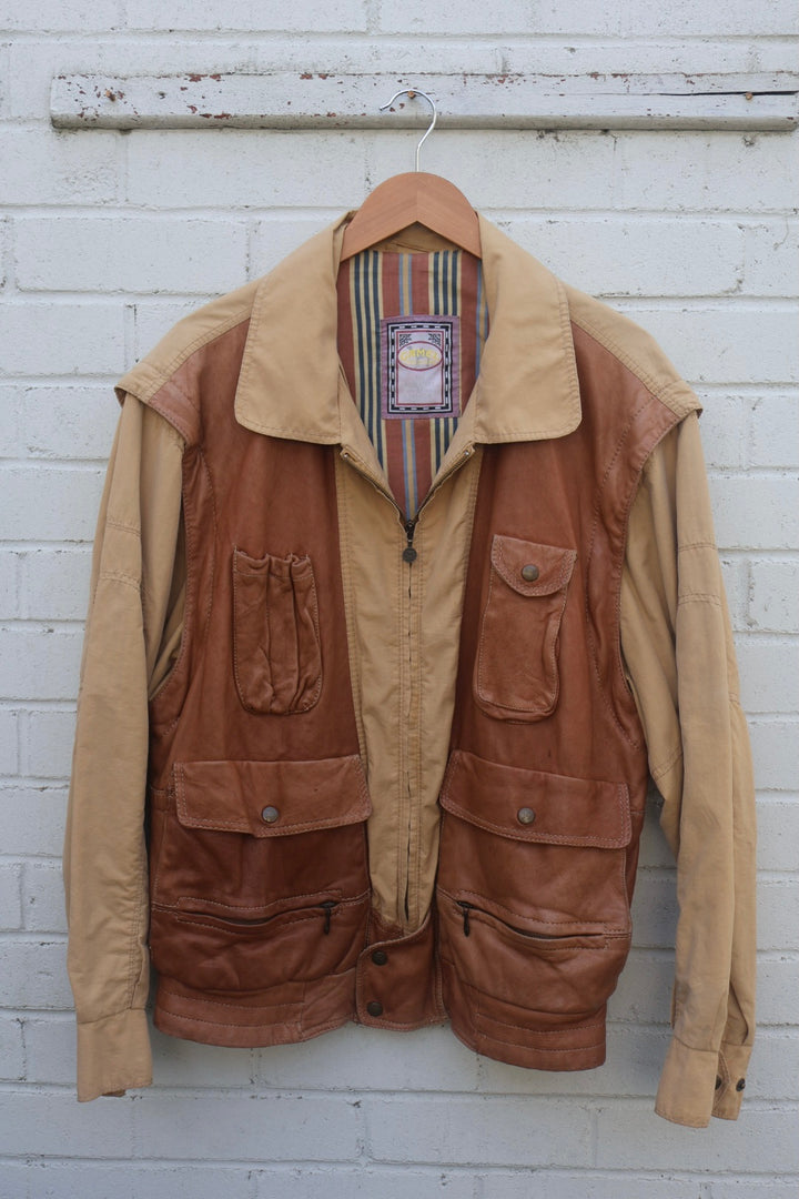 Camel Trophy Adventure Brown and Beige Leather Cargo Vintage Jacket