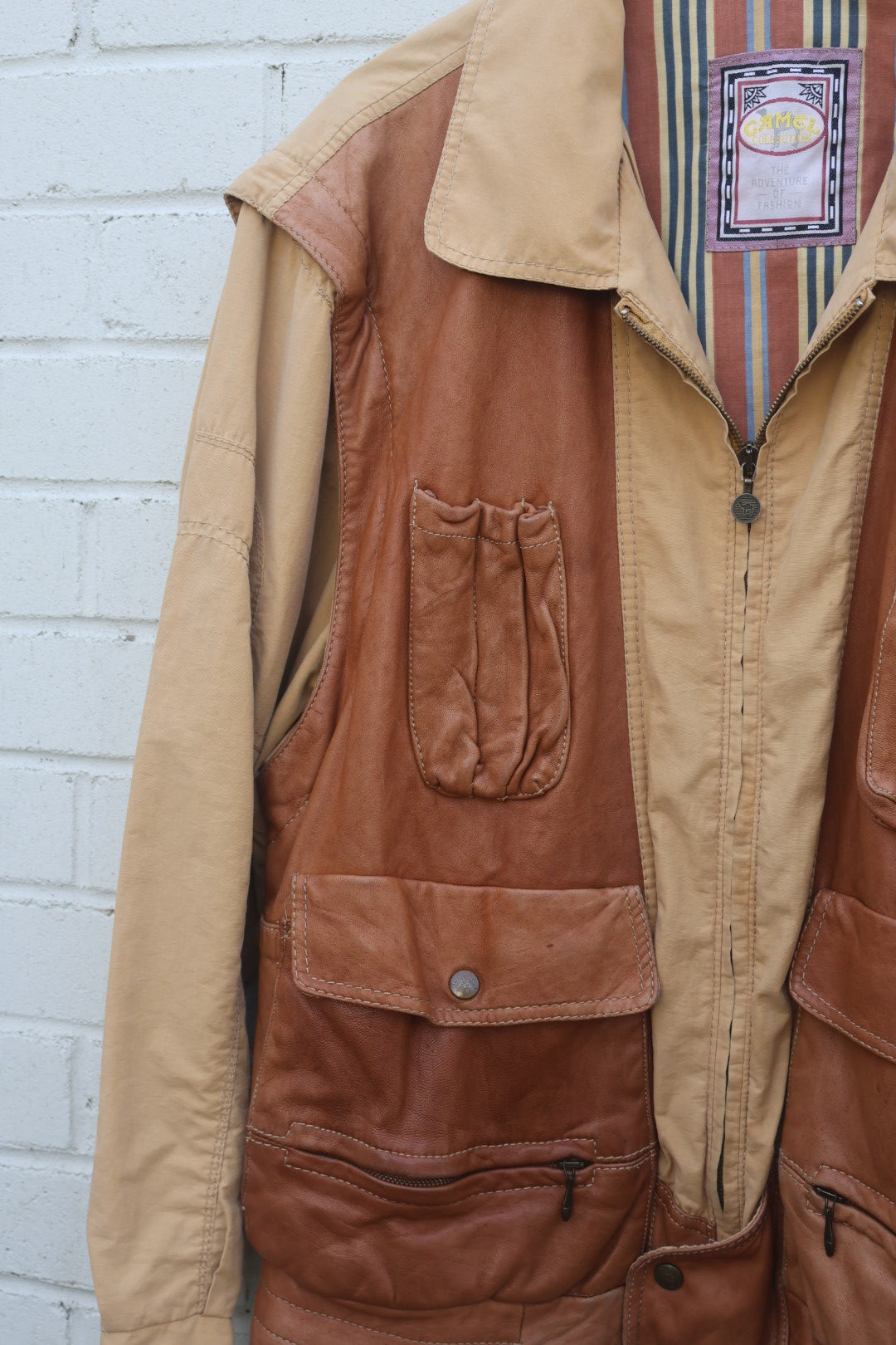 Camel Trophy Adventure Brown and Beige Leather Cargo Vintage Jacket