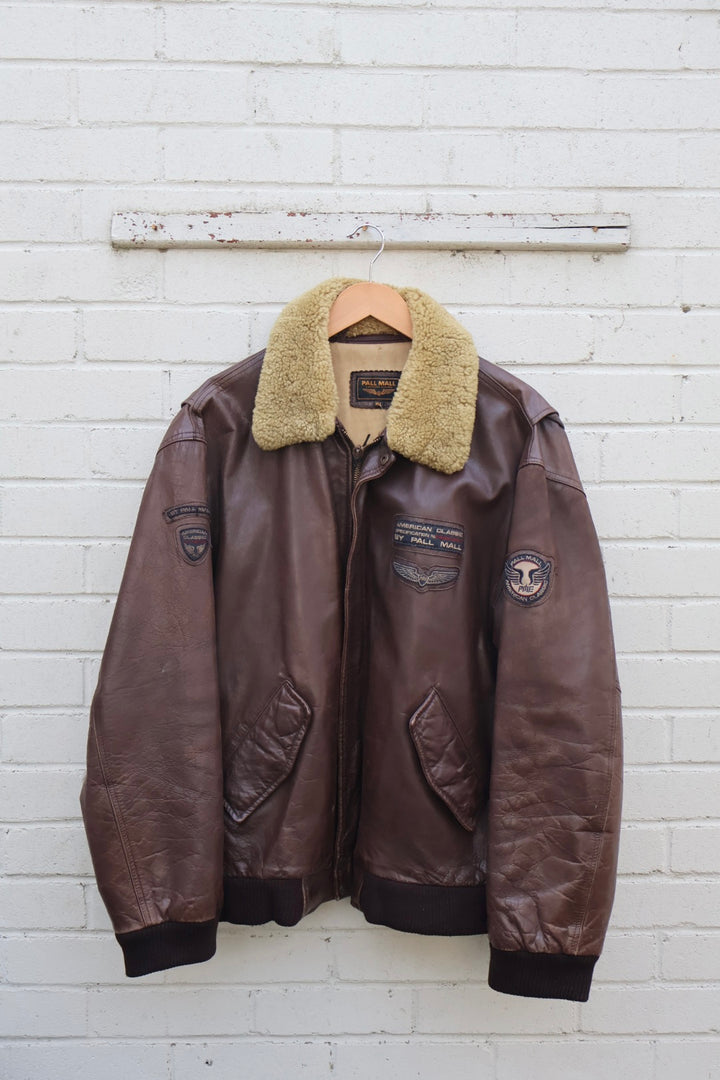 Pall Mall Vintage Aviator Brown Leather Sheepskin Collar Bomber Jacket