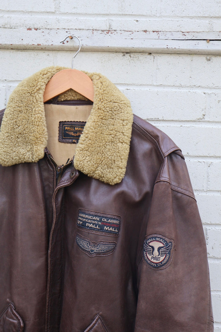 Pall Mall Vintage Aviator Brown Leather Sheepskin Collar Bomber Jacket