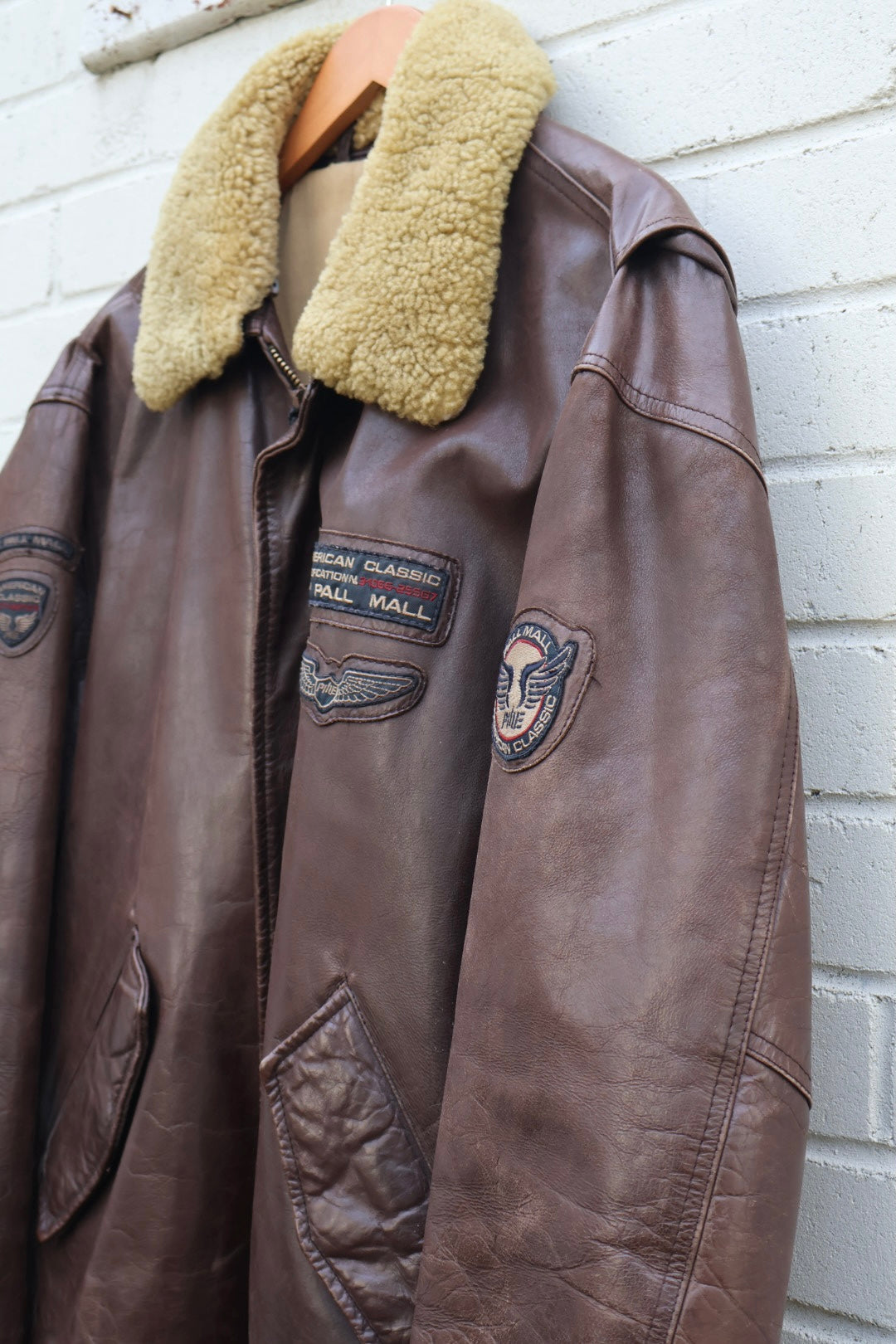 Pall Mall Vintage Aviator Brown Leather Sheepskin Collar Bomber Jacket