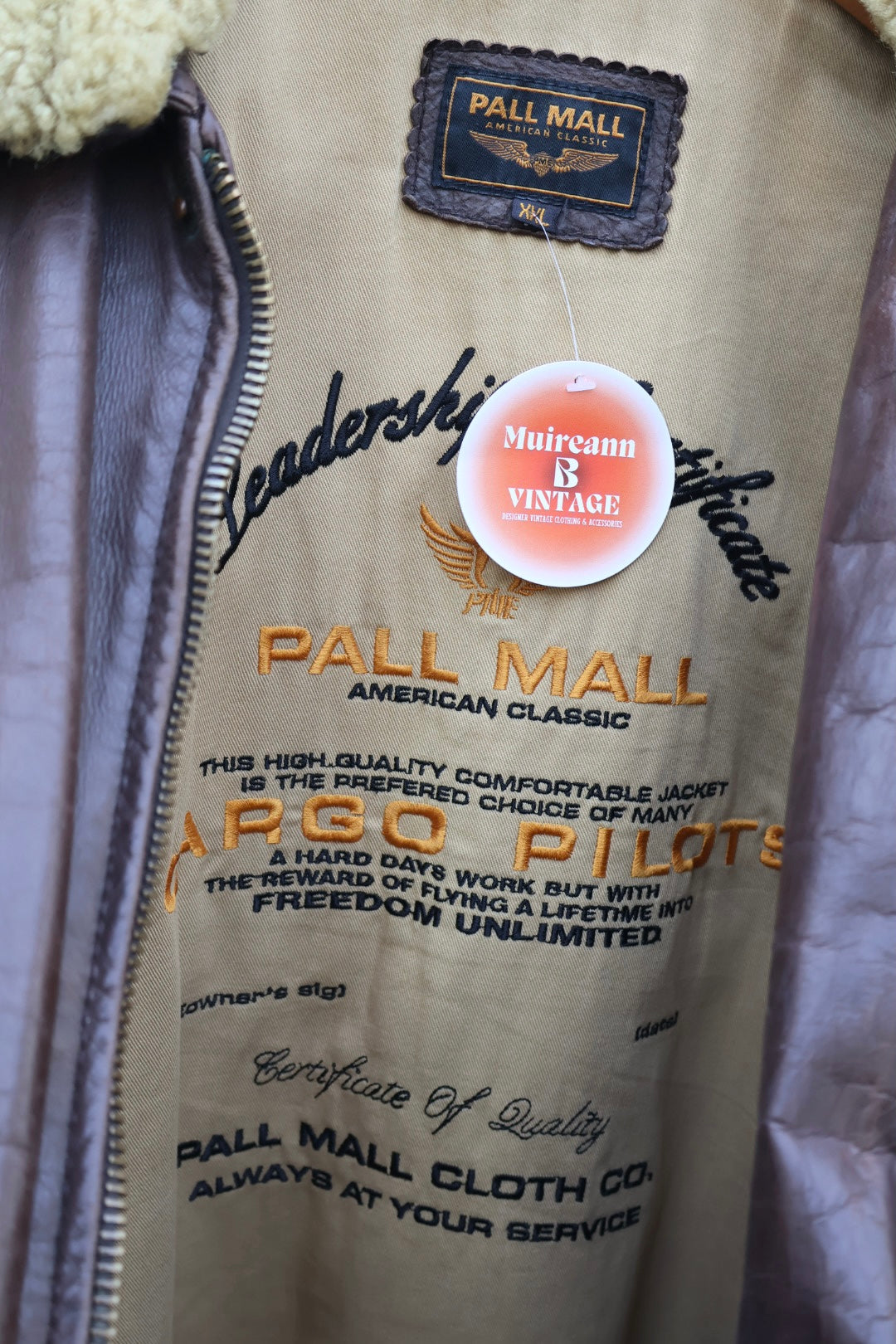 Pall Mall Vintage Aviator Brown Leather Sheepskin Collar Bomber Jacket