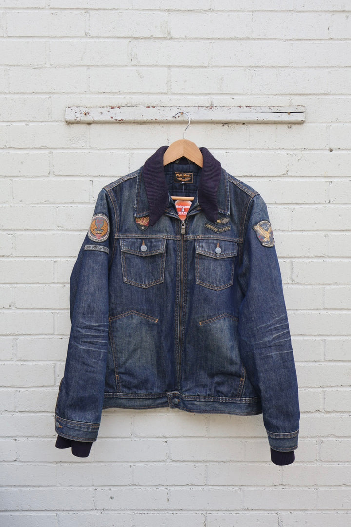 Pall Mall Vintage Denim Americana Aviator Zip Up Jacket with Badges