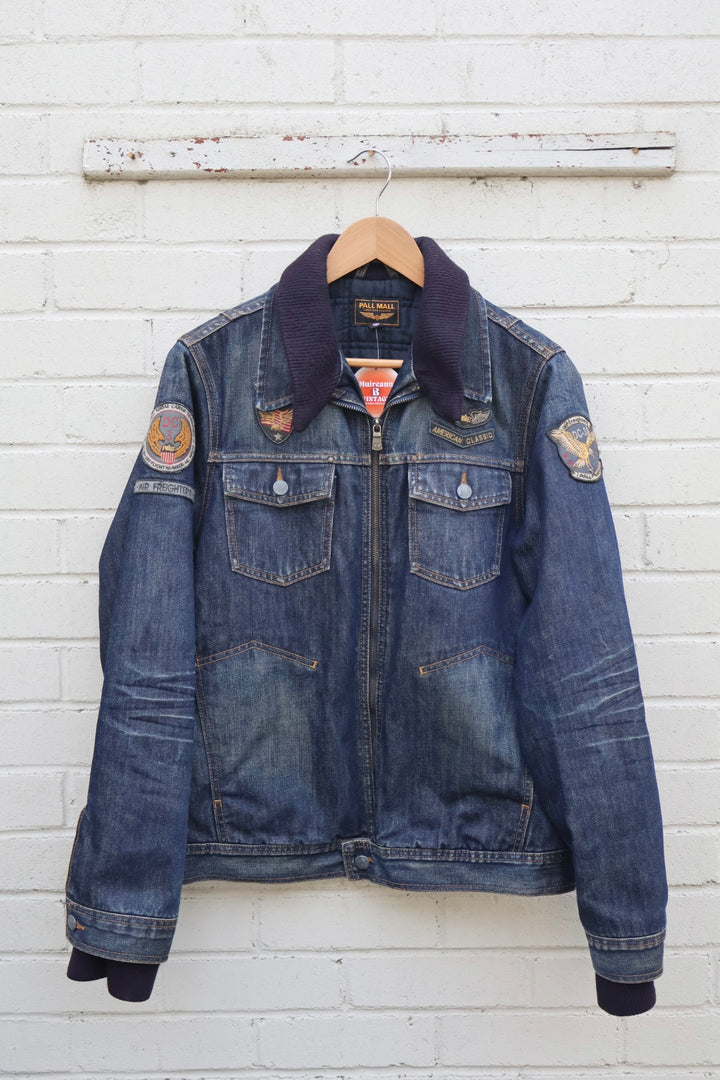 Pall Mall Vintage Denim Americana Aviator Zip Up Jacket with Badges