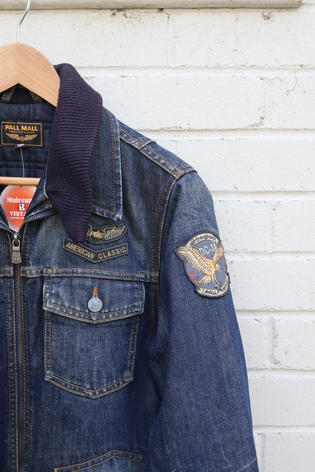 Pall Mall Vintage Denim Americana Aviator Zip Up Jacket with Badges