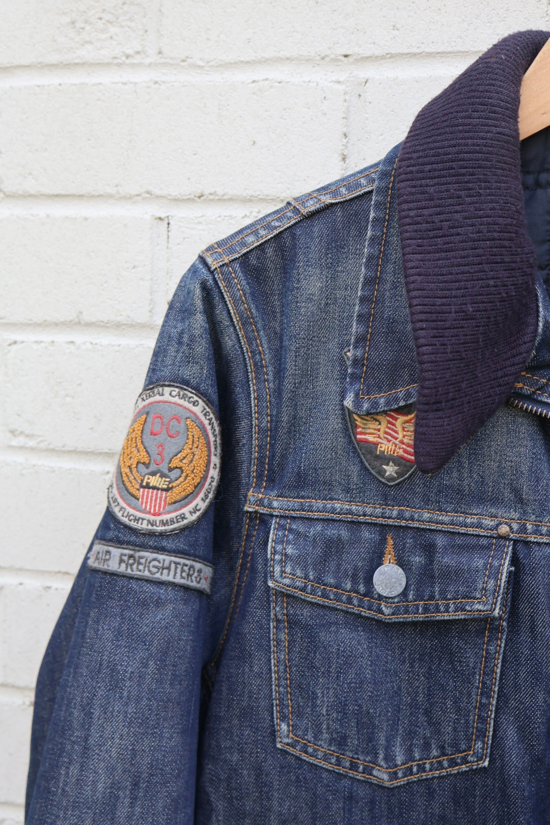 Pall Mall Vintage Denim Americana Aviator Zip Up Jacket with Badges