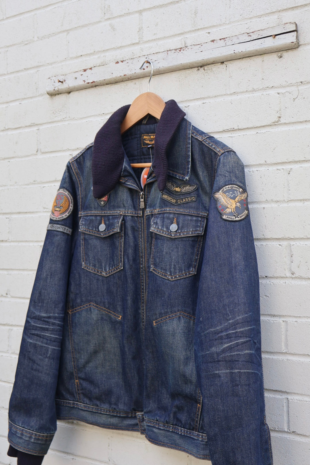 Pall Mall Vintage Denim Americana Aviator Zip Up Jacket with Badges