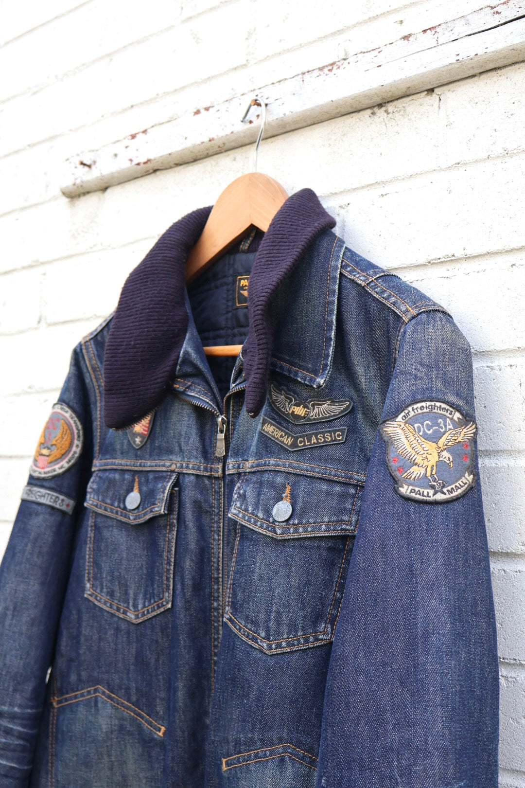 Pall Mall Vintage Denim Americana Aviator Zip Up Jacket with Badges