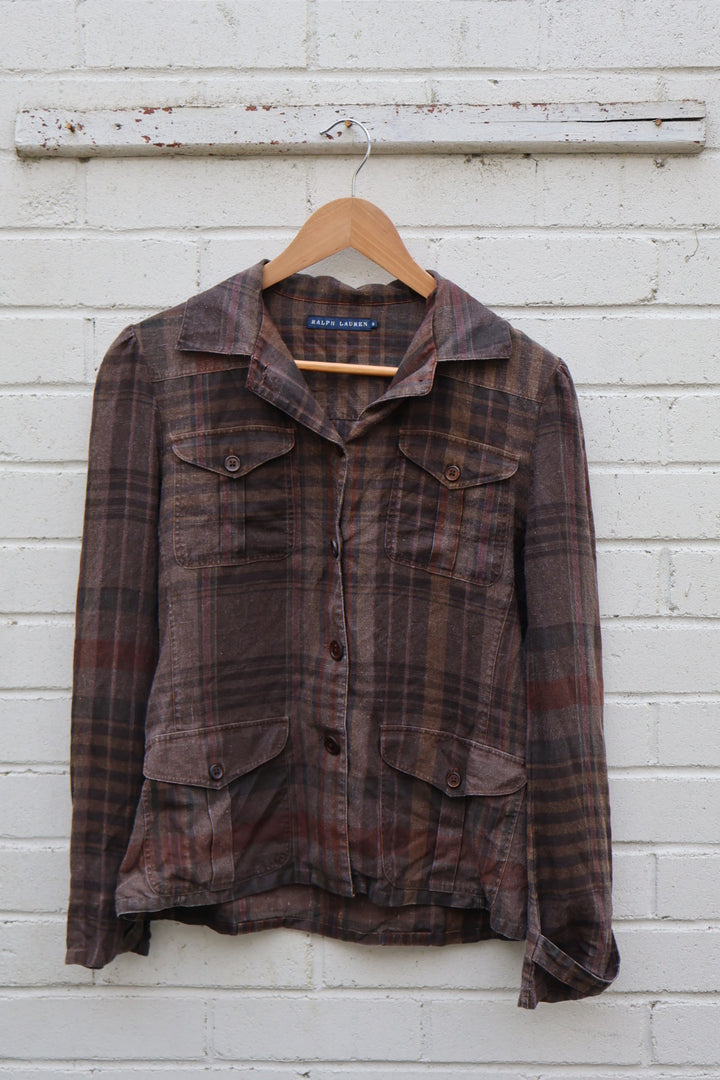 Ralph Lauren Vintage Dark Brown Check Button Up Cargo Style Linen Shirt