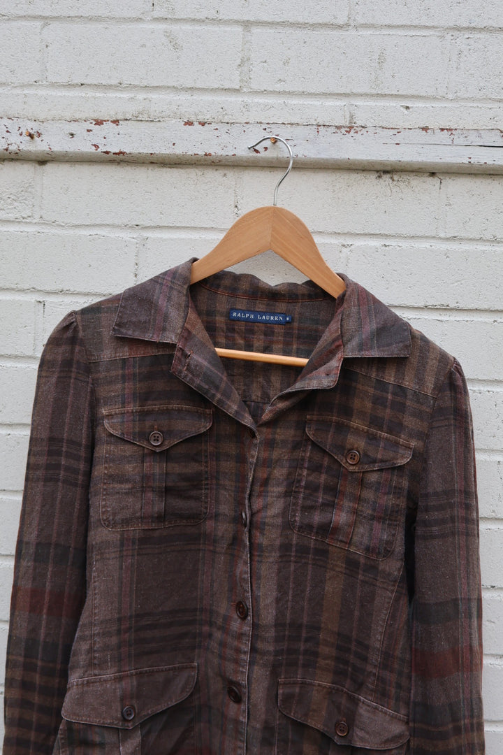 Ralph Lauren Vintage Dark Brown Check Button Up Cargo Style Linen Shirt