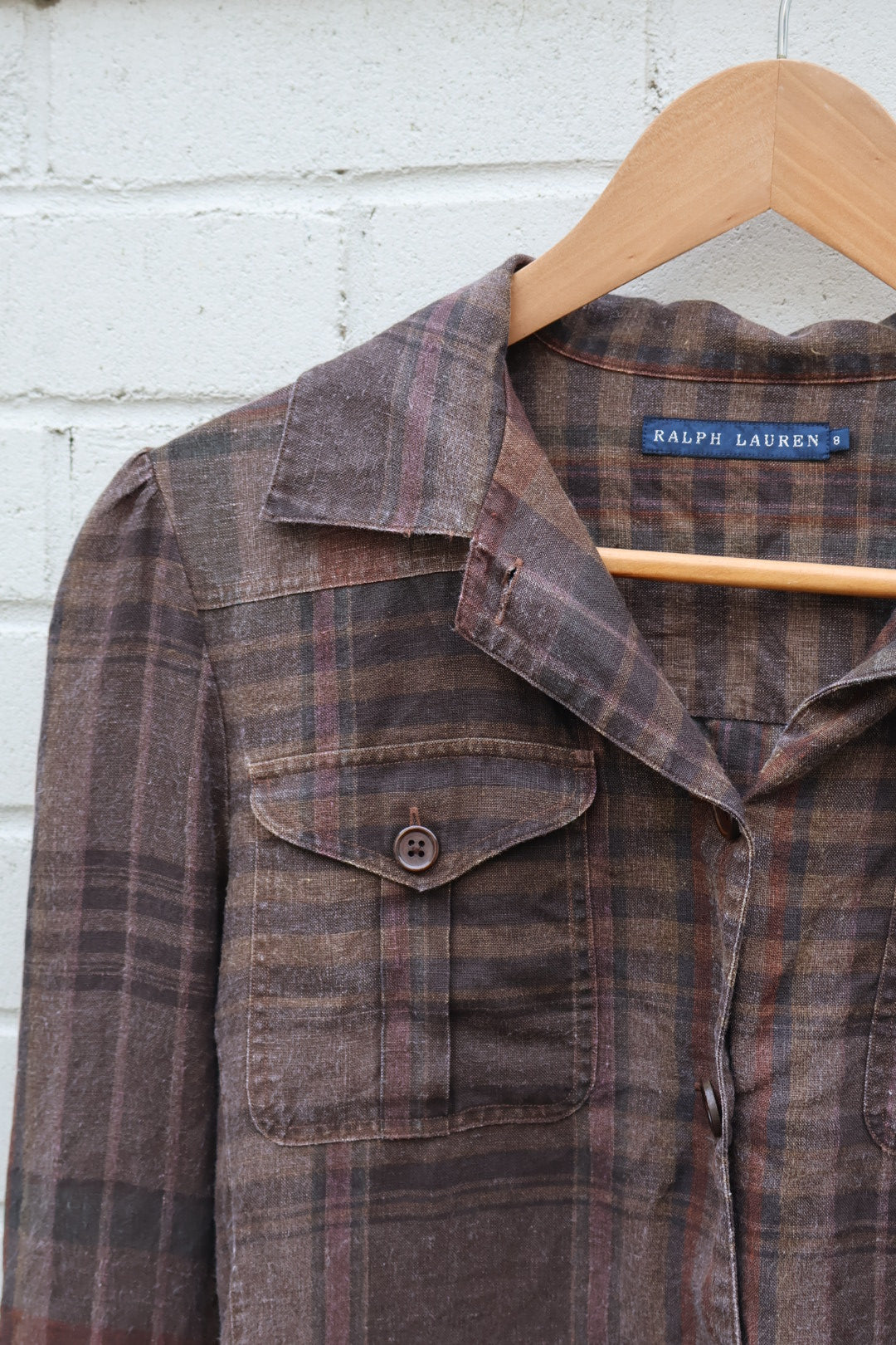 Ralph Lauren Vintage Dark Brown Check Button Up Cargo Style Linen Shirt