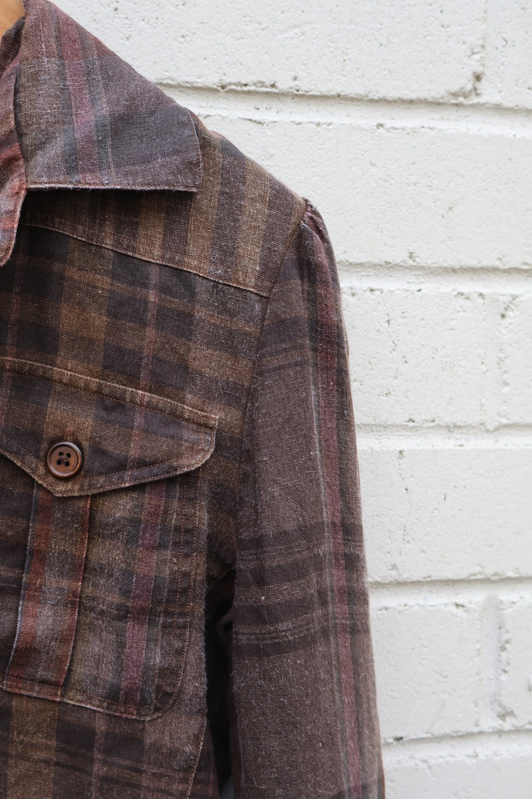 Ralph Lauren Vintage Dark Brown Check Button Up Cargo Style Linen Shirt