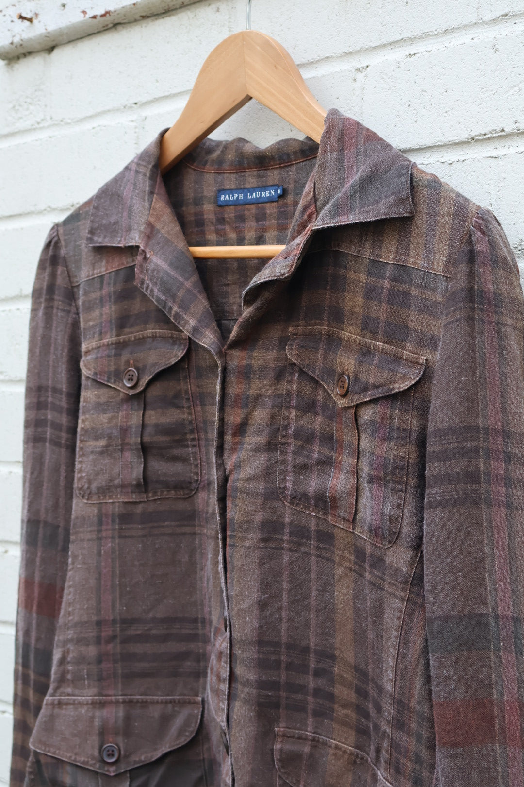 Ralph Lauren Vintage Dark Brown Check Button Up Cargo Style Linen Shirt