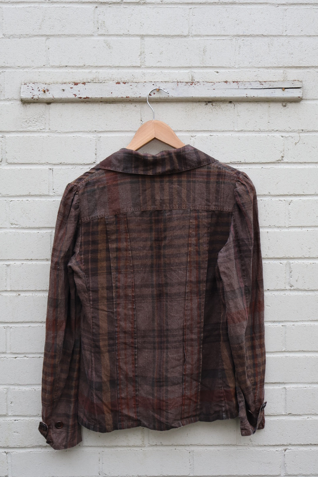 Ralph Lauren Vintage Dark Brown Check Button Up Cargo Style Linen Shirt