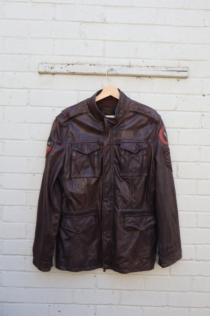 Vintage Redskins French Designer American Flag Dark Brown Leather Jacket