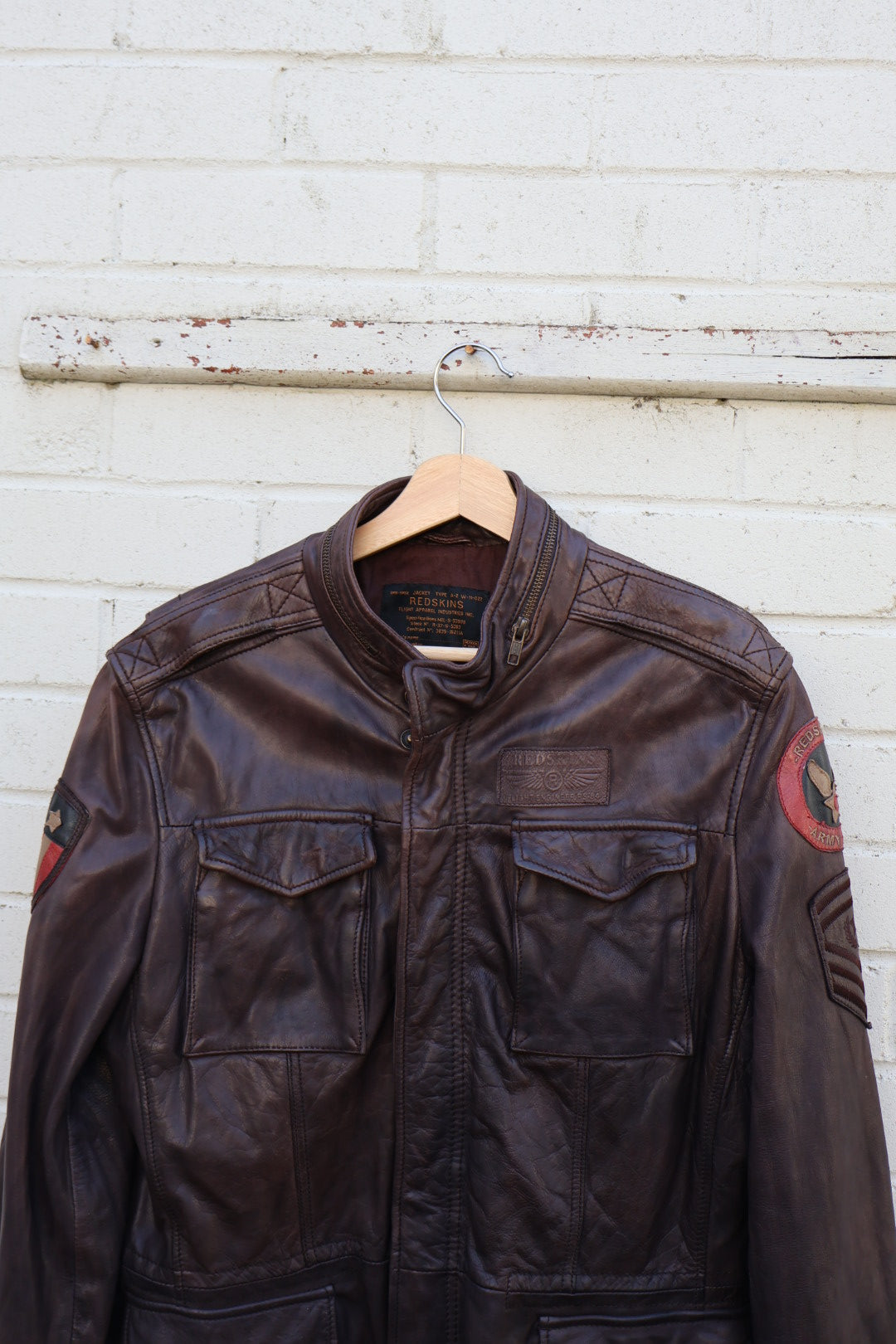 Vintage Redskins French Designer American Flag Dark Brown Leather Jacket