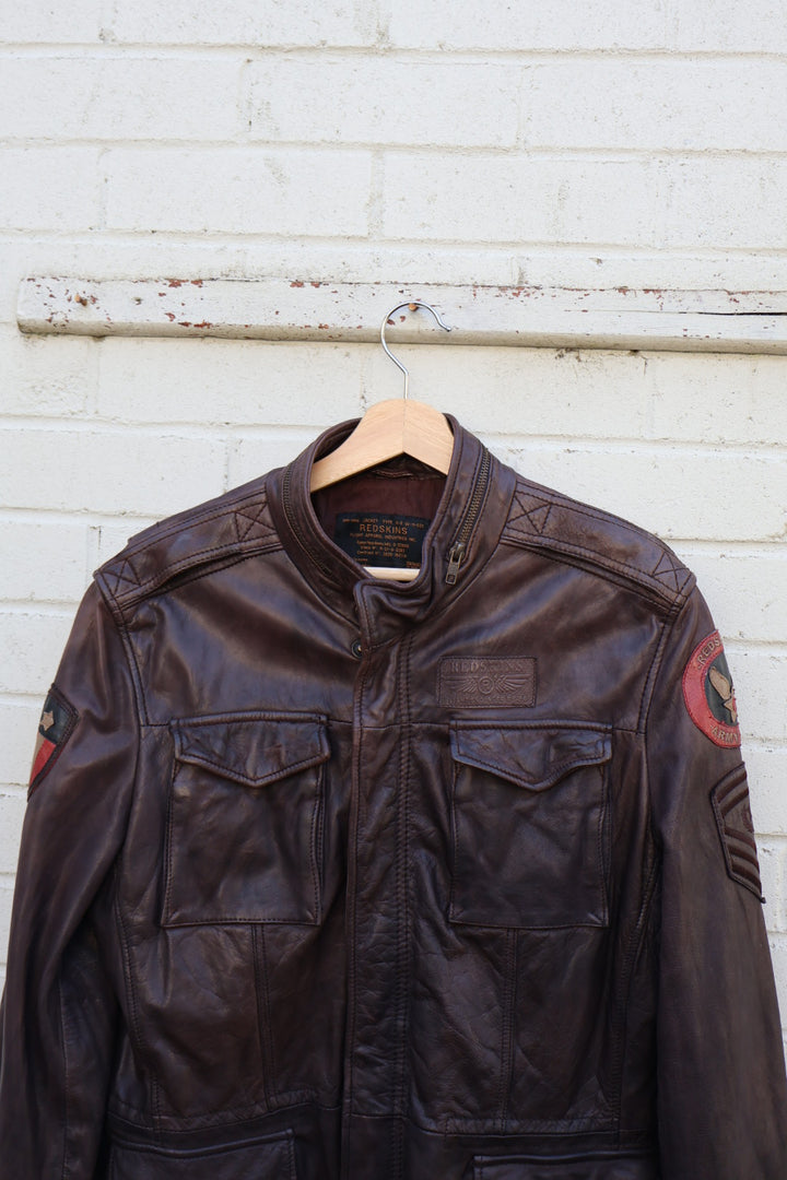 Vintage Redskins French Designer American Flag Dark Brown Leather Jacket