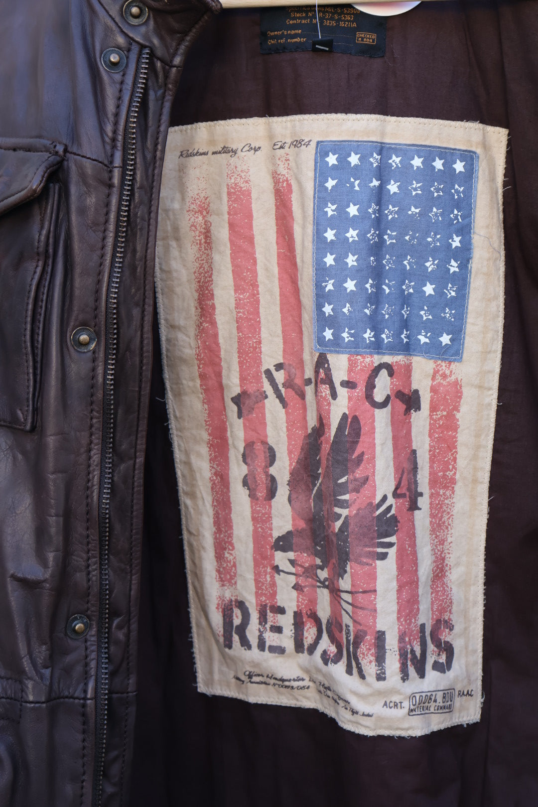 Vintage Redskins French Designer American Flag Dark Brown Leather Jacket