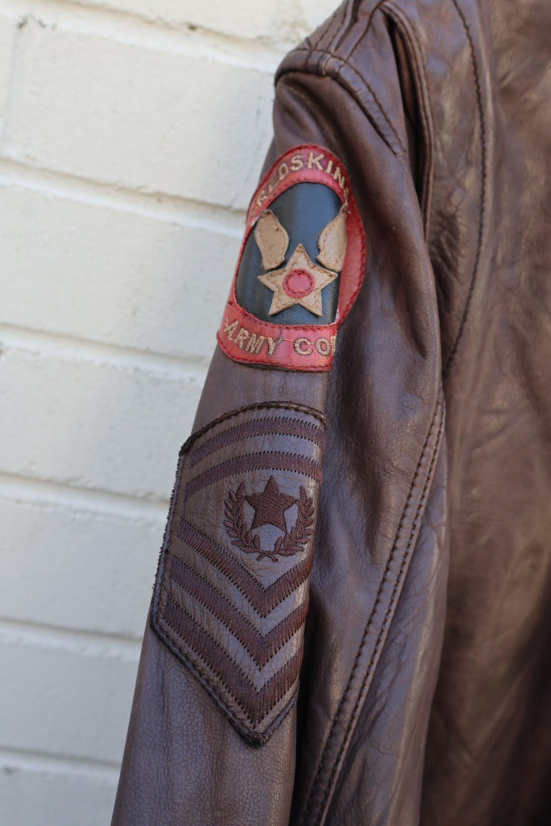 Vintage Redskins French Designer American Flag Dark Brown Leather Jacket