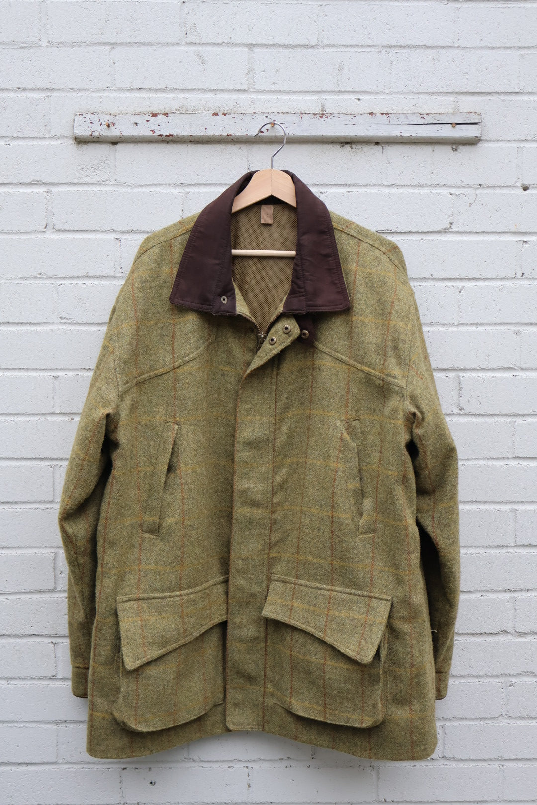 Country Style Green Tweed Wool Tartan Check Zip Up Coat