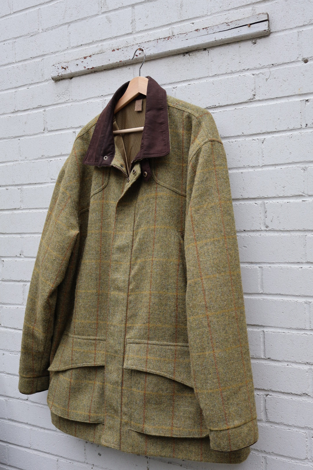 Country Style Green Tweed Wool Tartan Check Zip Up Coat