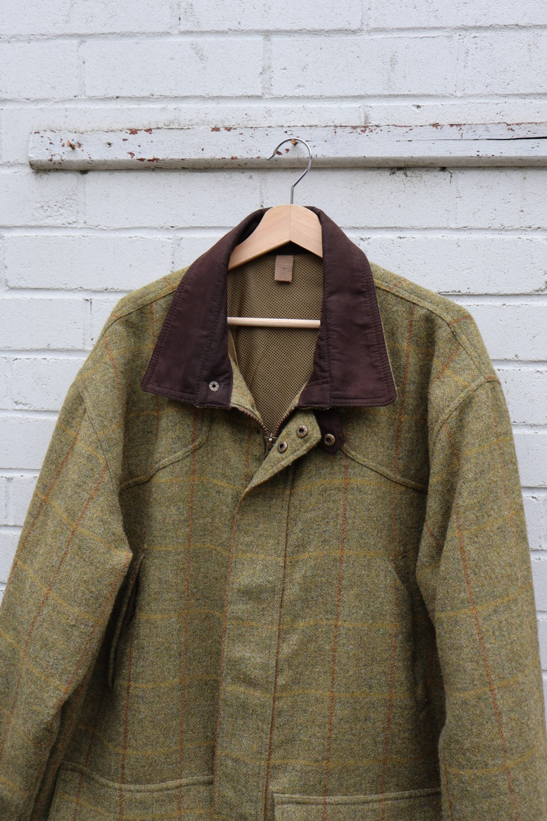 Country Style Green Tweed Wool Tartan Check Zip Up Coat