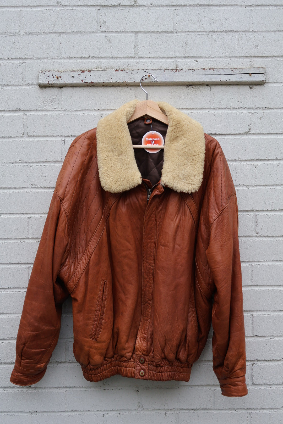 Vintage 80's Tan Brown Leather Bomber Jacket with Sheep Wool