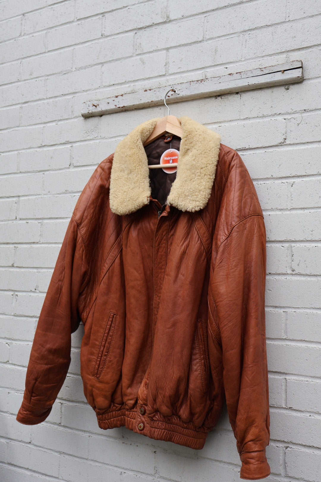 Vintage 80's Tan Brown Leather Bomber Jacket with Sheep Wool
