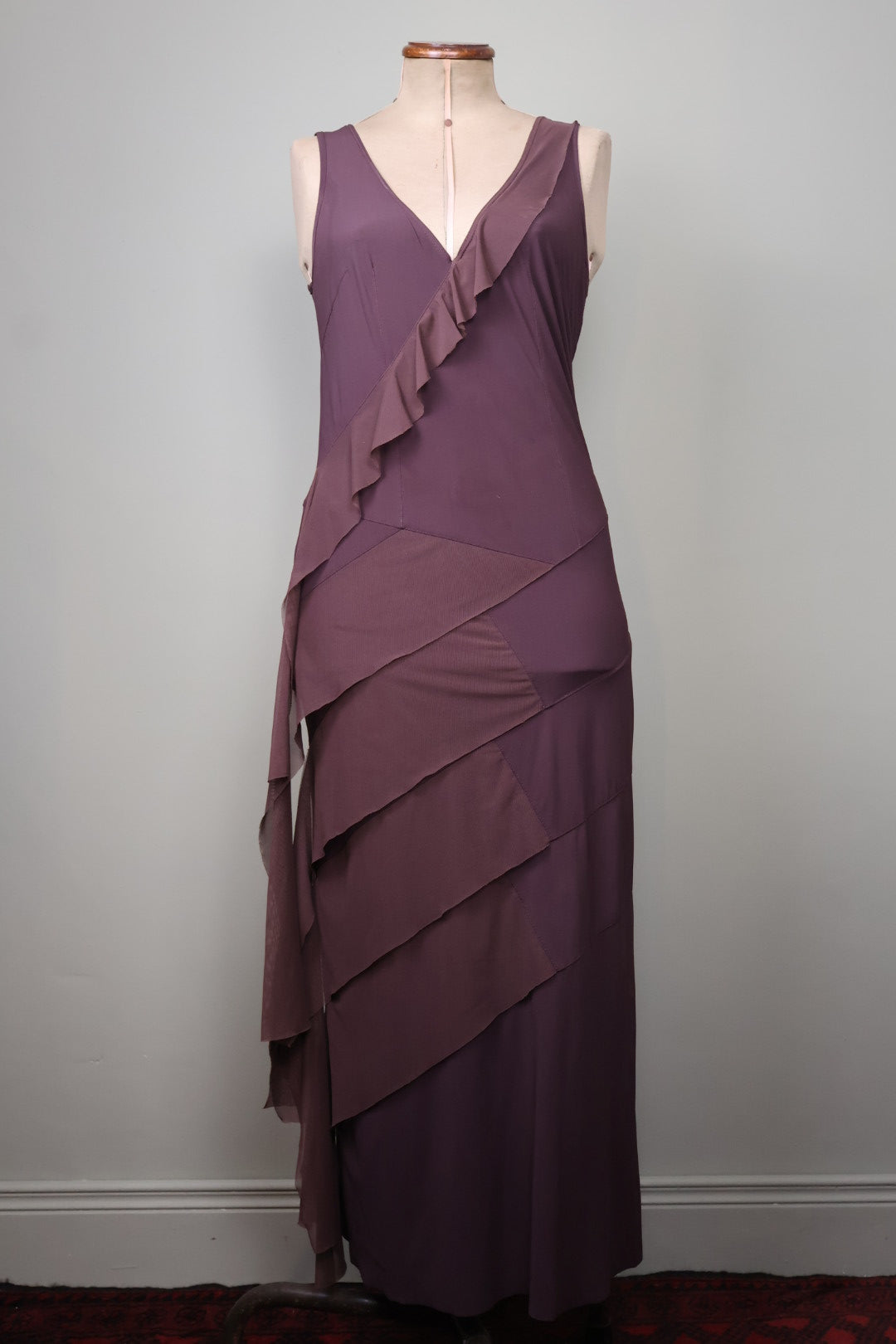 French Designer 90’s Dark Brown Mesh Asymmetrical Maxi Dress