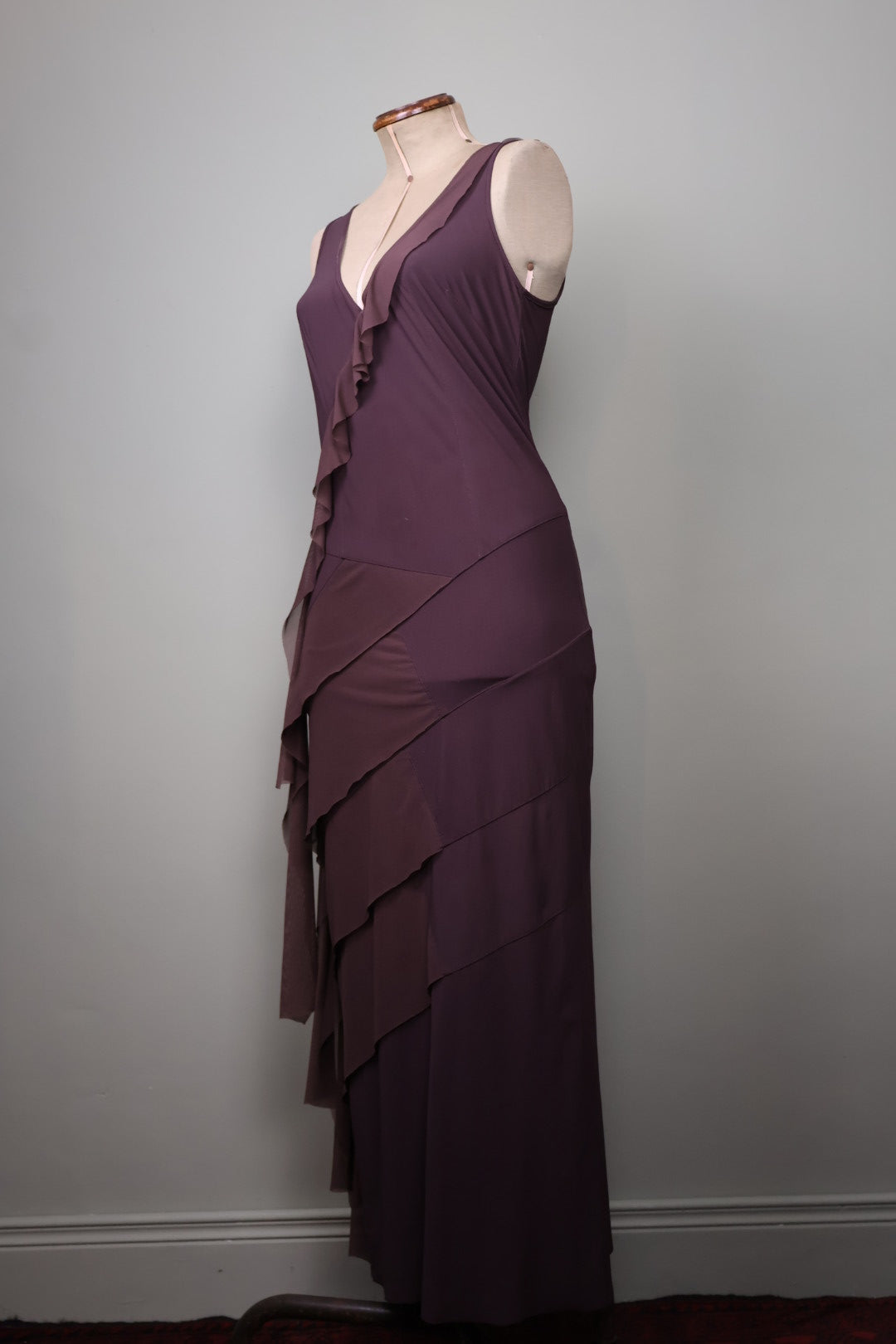 French Designer 90’s Dark Brown Mesh Asymmetrical Maxi Dress