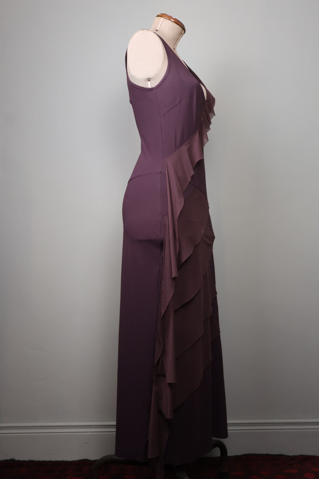 French Designer 90’s Dark Brown Mesh Asymmetrical Maxi Dress