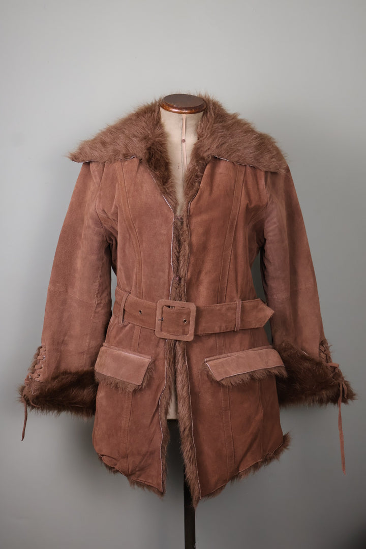 Morgan de Toi Vintage Brown Suede Buckle Belted Faux Fur Afghan Jacket