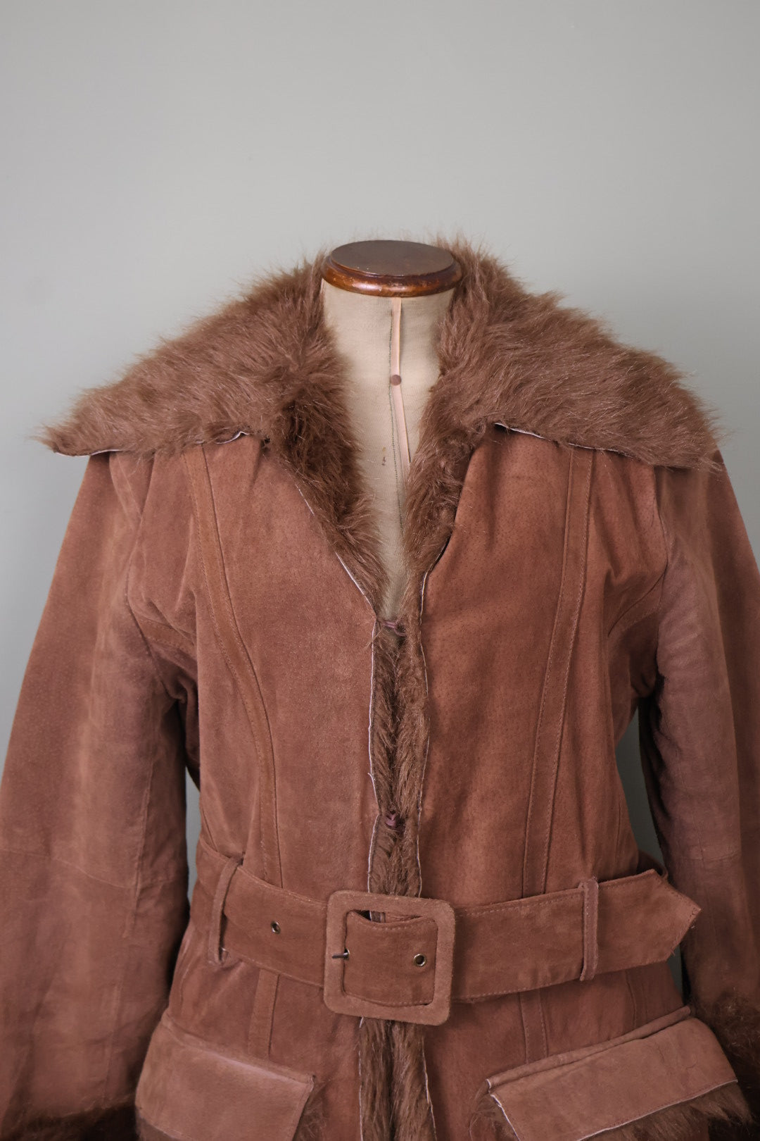 Morgan de Toi Vintage Brown Suede Buckle Belted Faux Fur Afghan Jacket