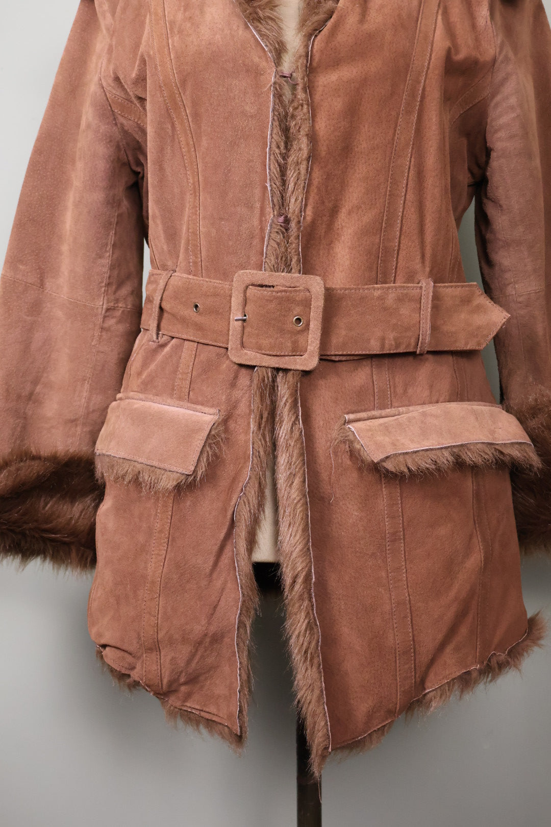 Morgan de Toi Vintage Brown Suede Buckle Belted Faux Fur Afghan Jacket