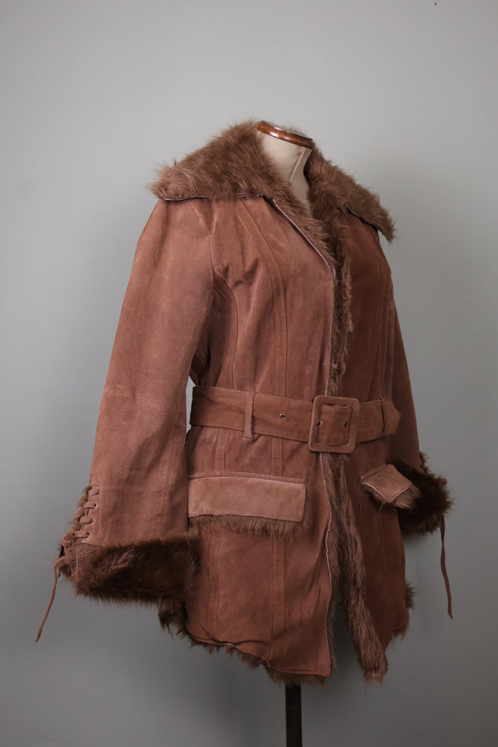 Morgan de Toi Vintage Brown Suede Buckle Belted Faux Fur Afghan Jacket