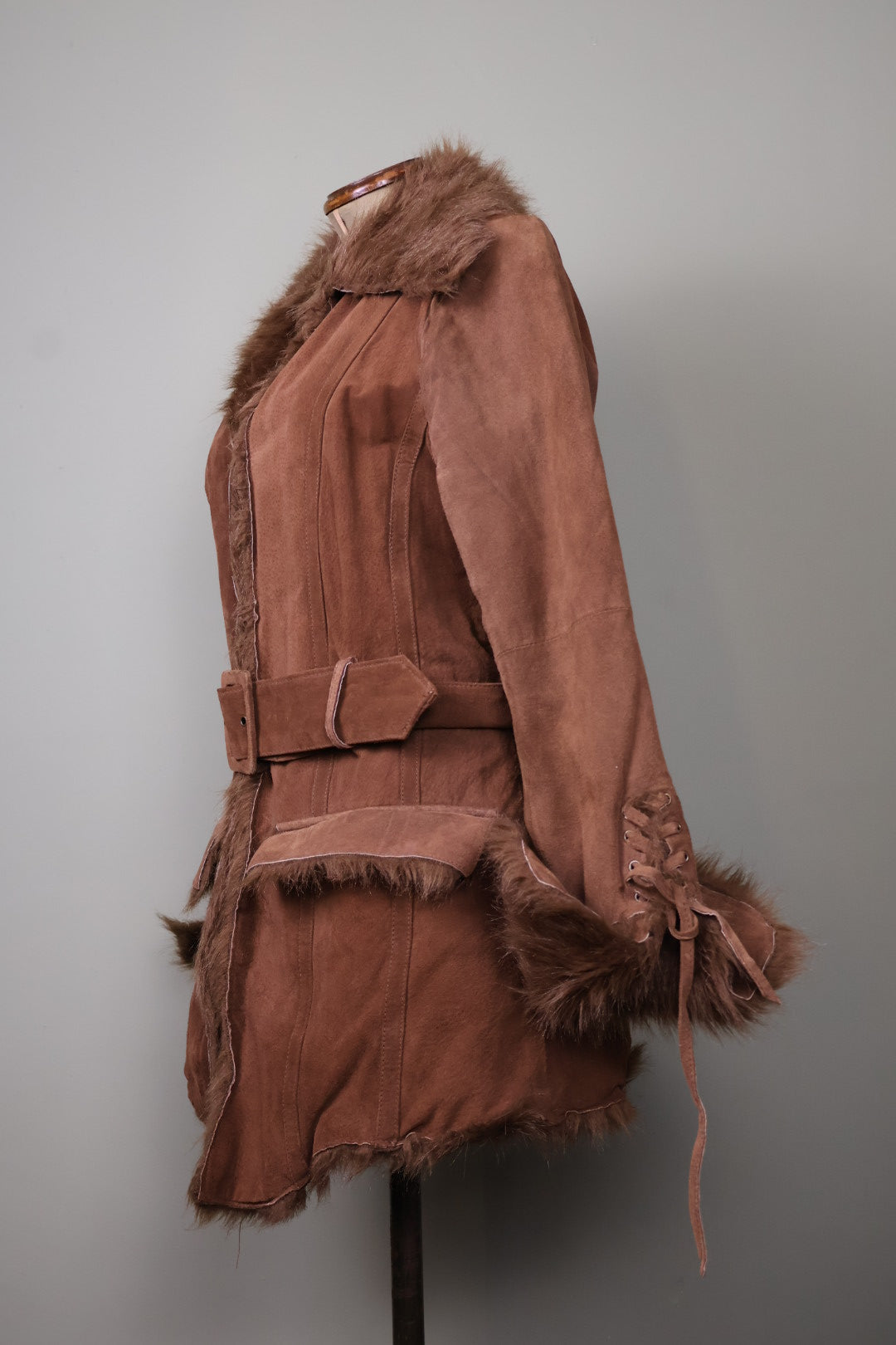 Morgan de Toi Vintage Brown Suede Buckle Belted Faux Fur Afghan Jacket