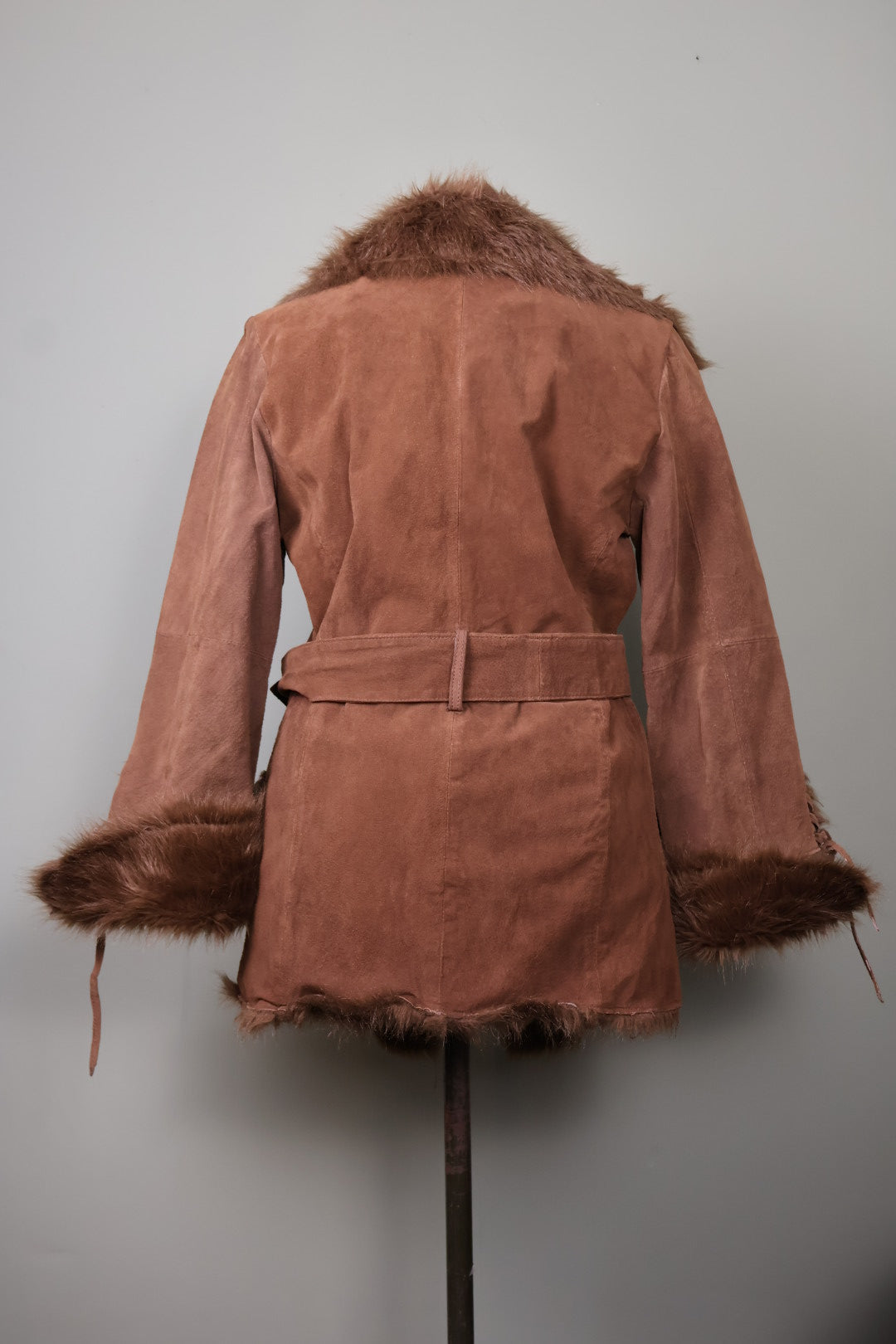 Morgan de Toi Vintage Brown Suede Buckle Belted Faux Fur Afghan Jacket