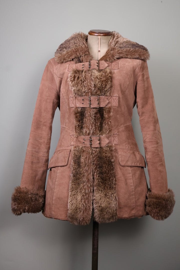 Morgan de Toi Vintage Brown Suede Faux Fur Afghan Penny Lane Buckle Jacket