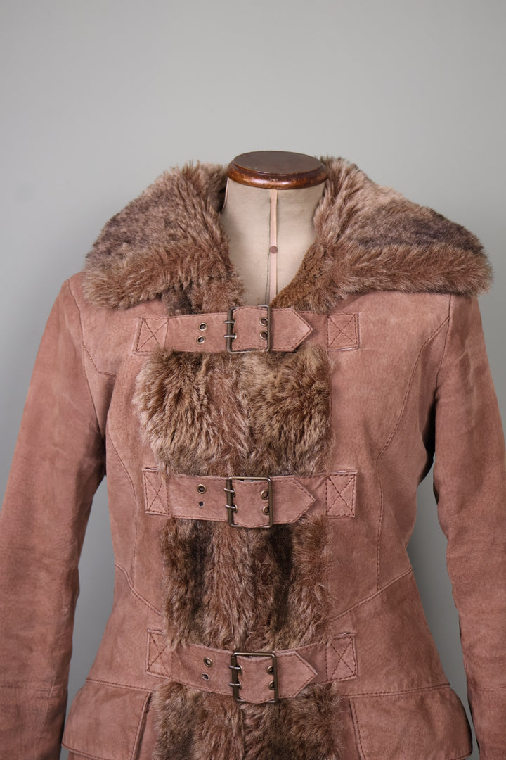 Morgan de Toi Vintage Brown Suede Faux Fur Afghan Penny Lane Buckle Jacket