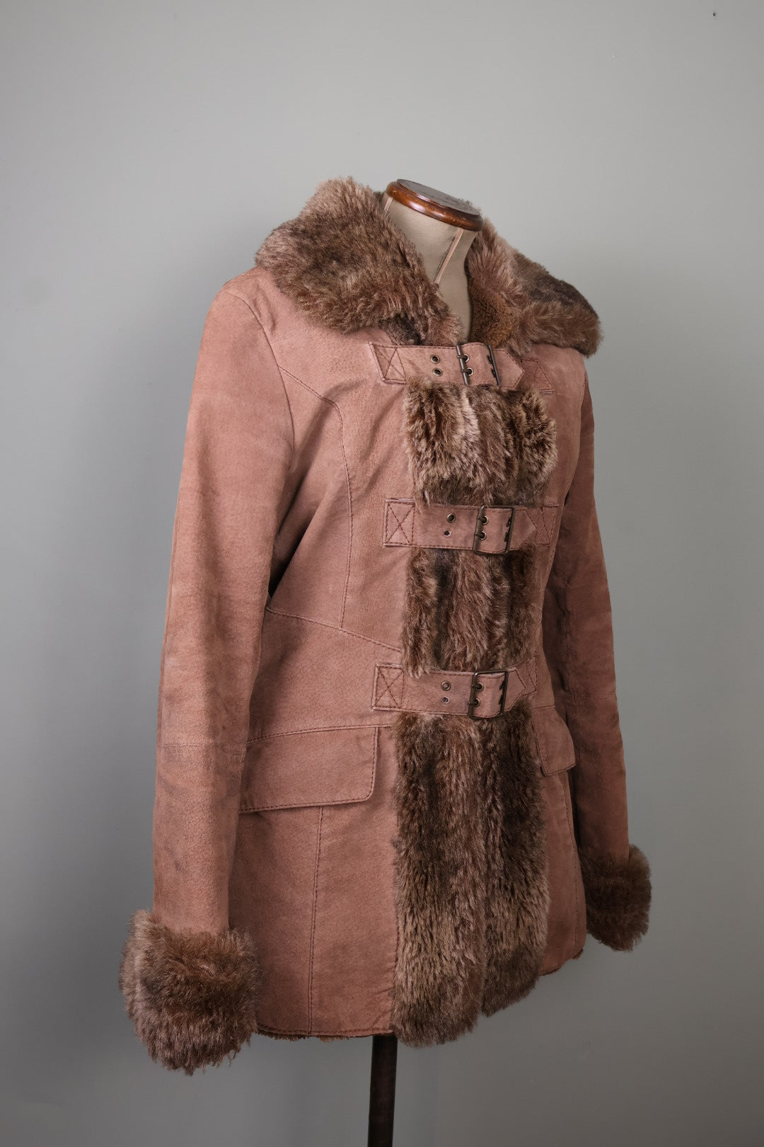 Morgan de Toi Vintage Brown Suede Faux Fur Afghan Penny Lane Buckle Jacket