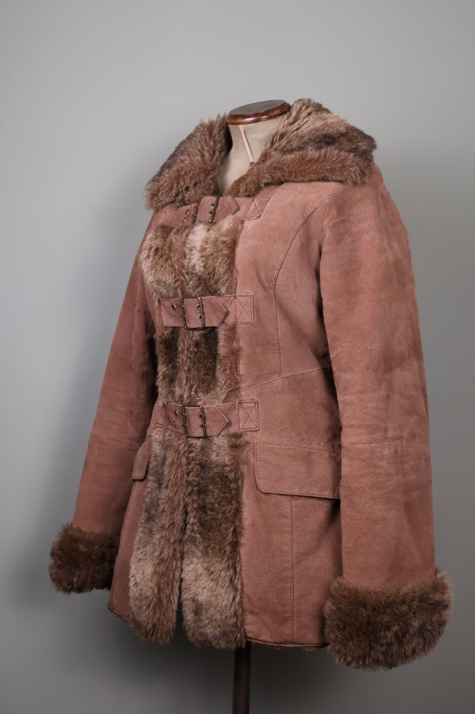 Morgan de Toi Vintage Brown Suede Faux Fur Afghan Penny Lane Buckle Jacket