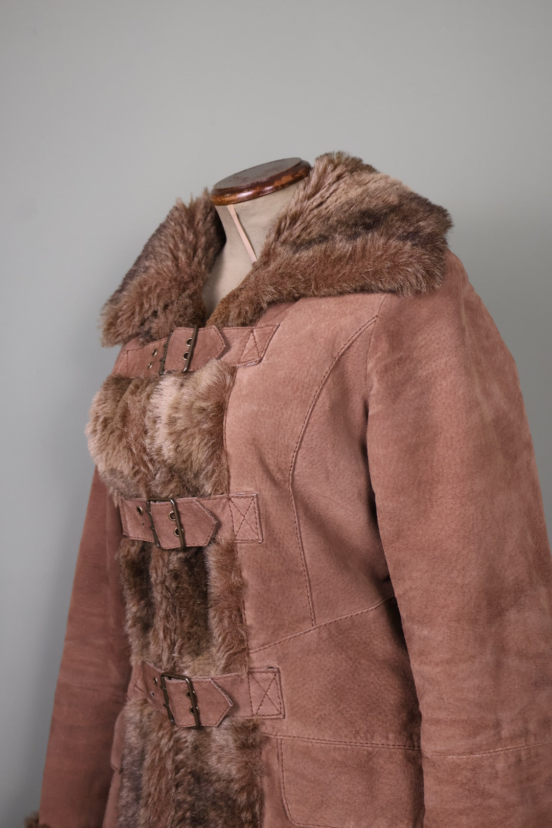 Morgan de Toi Vintage Brown Suede Faux Fur Afghan Penny Lane Buckle Jacket