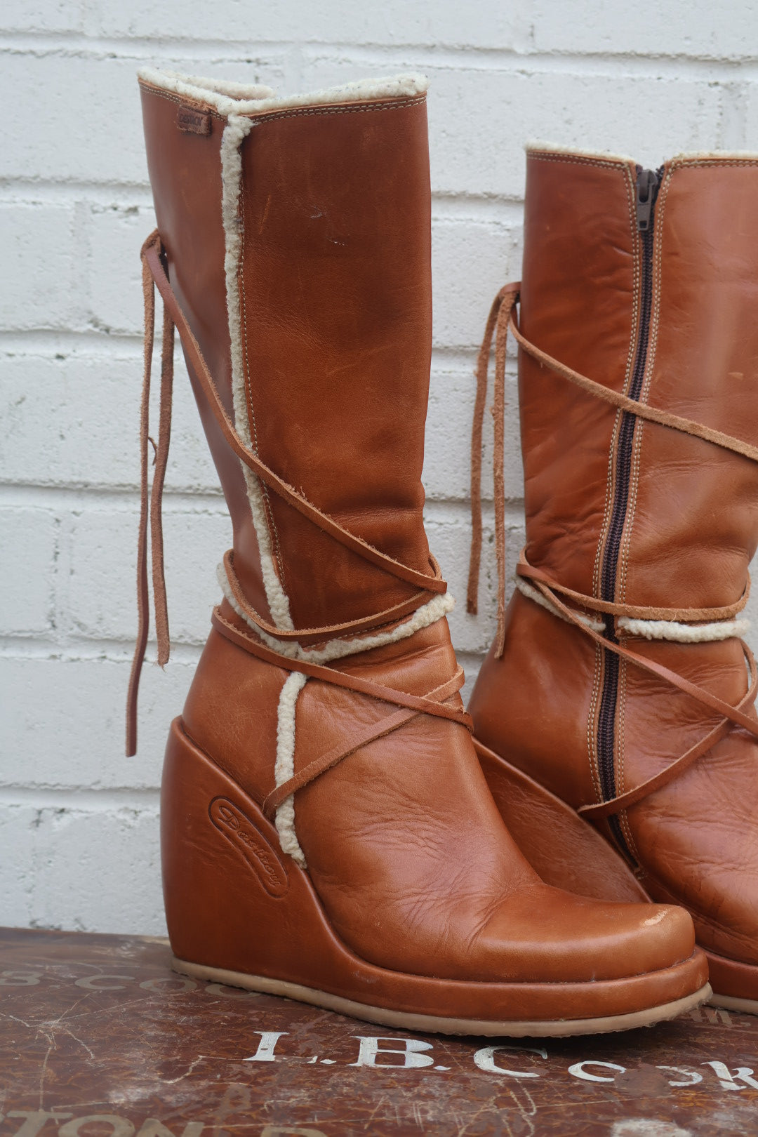 Y2K Destroy Light Brown Tan High Platform Wedge Heel Leather Chunky Boots Size EU 38 Uk 5