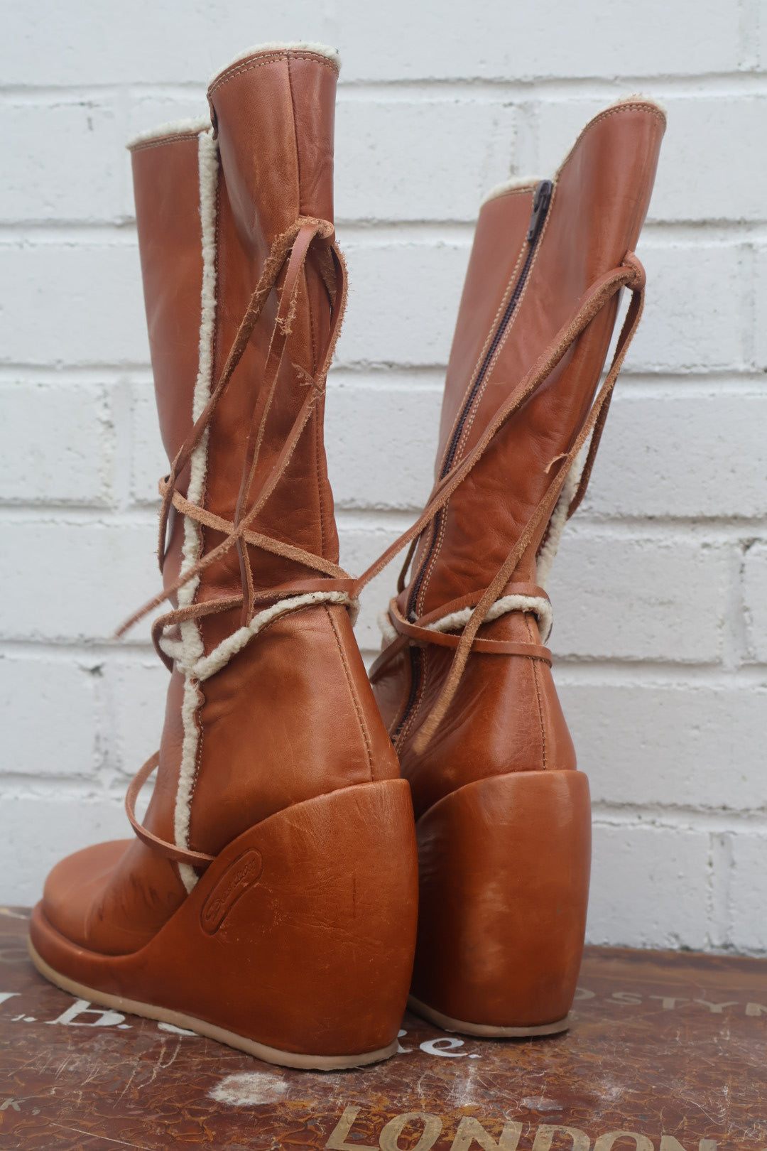 Y2K Destroy Light Brown Tan High Platform Wedge Heel Leather Chunky Boots Size EU 38 Uk 5