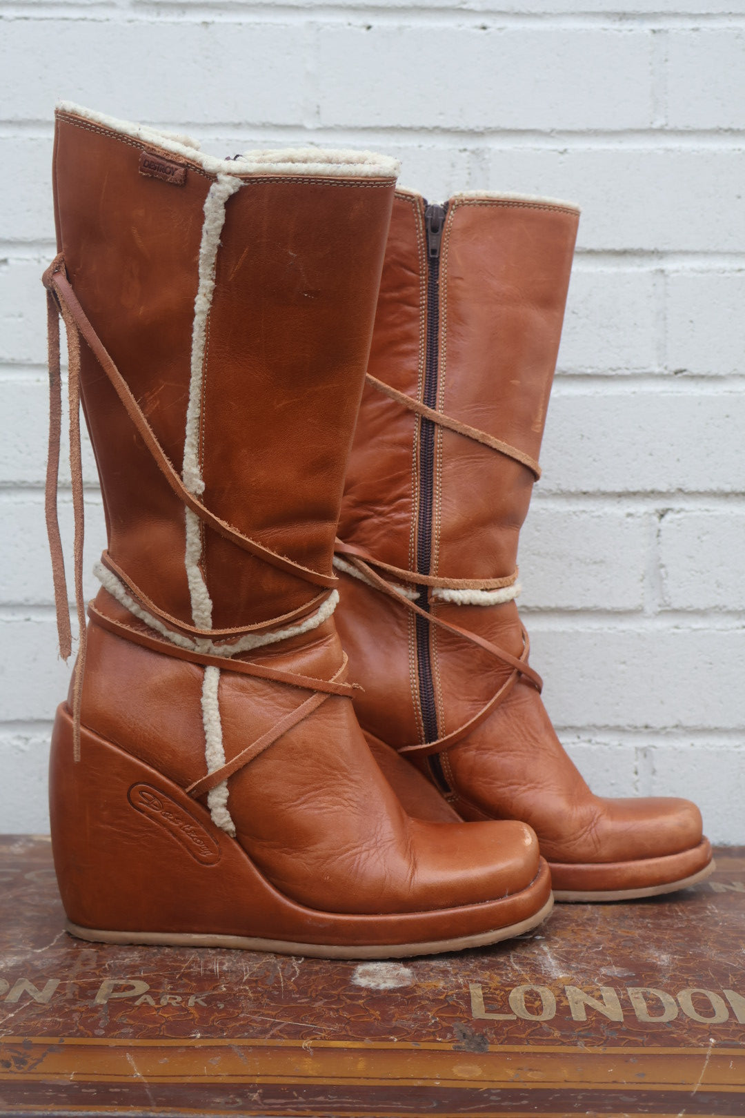 Y2K Destroy Light Brown Tan High Platform Wedge Heel Leather Chunky Boots Size EU 38 Uk 5