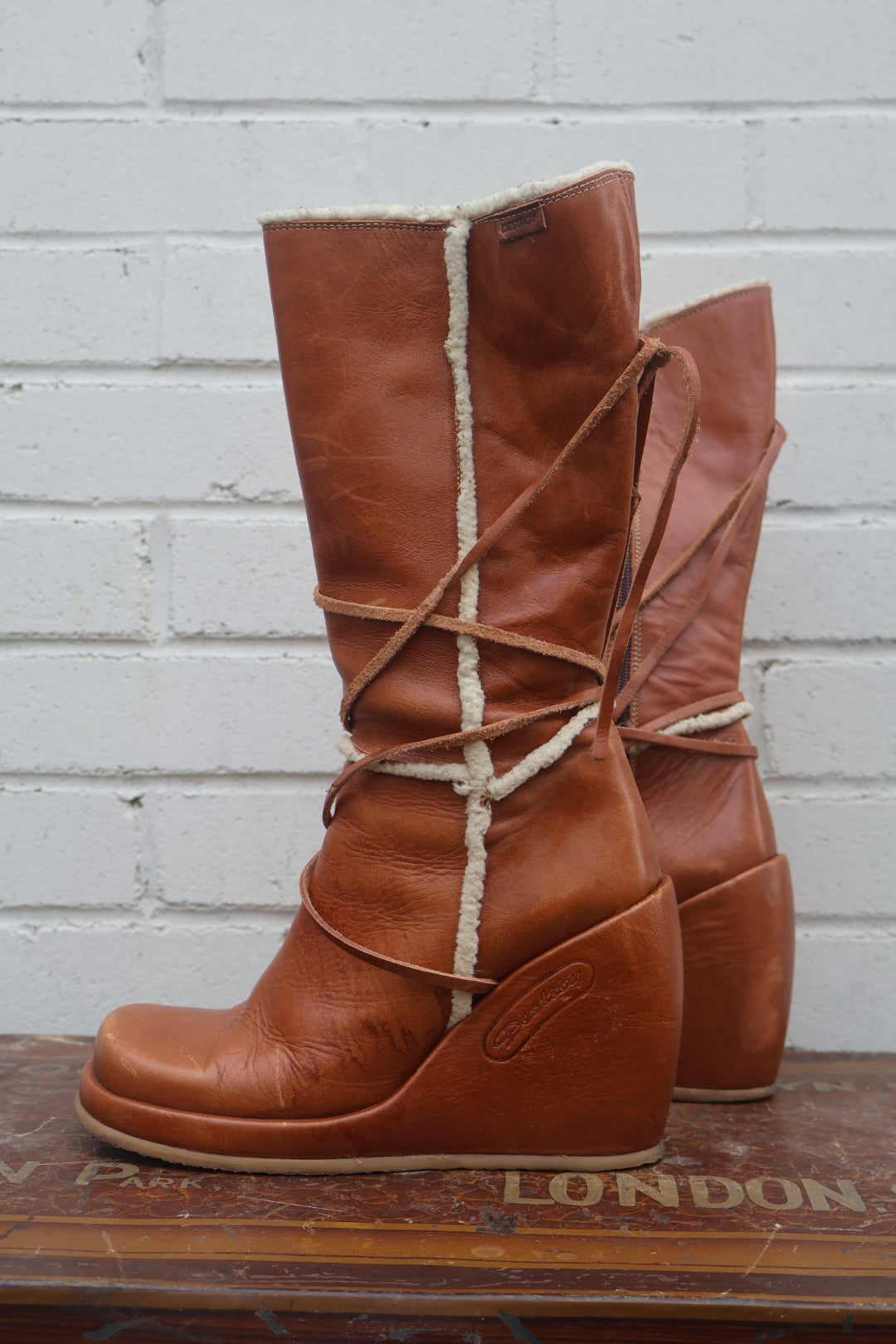 Y2K Destroy Light Brown Tan High Platform Wedge Heel Leather Chunky Boots Size EU 38 Uk 5