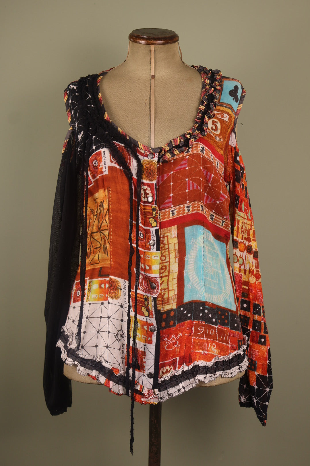 Save the Queen Vintage Orange Open Shoulder Long Sleeved Mesh Blouse