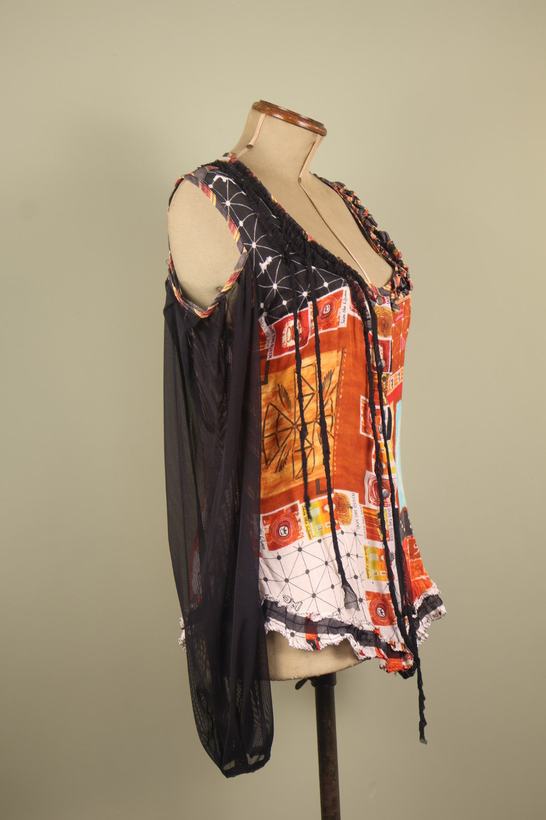 Save the Queen Vintage Orange Open Shoulder Long Sleeved Mesh Blouse